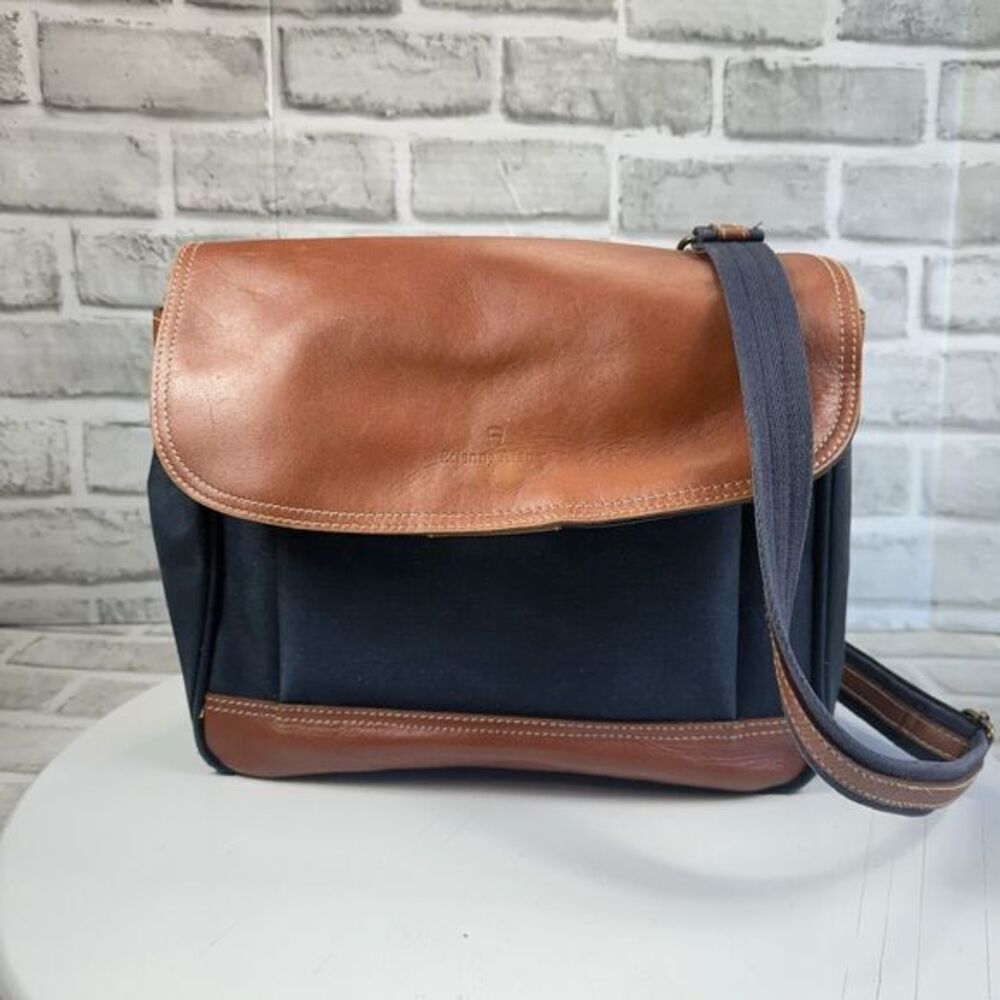 Etienne Aigner Vintage Brown Leather and Blue Canvas Crossbody Shoulder Bag